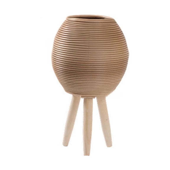 Tuscom Rattan Triangular Flower Stand Woven Straw Plant Pot Holder Khaki Wooden Storage Container for Indoor Plants Home Garden Decor