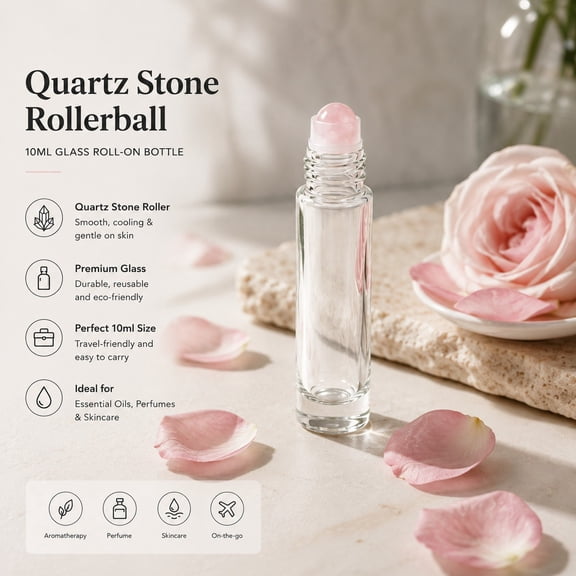 Tuscom Rose Quartz Essential Oil Roller Bottle with Gemstone Roller Ball, Pink Glass Roll On Perfume Bottle Refillable for Aromatherapy DIY Blends & Travel, Semi-Precious Stone Rolling Bottle