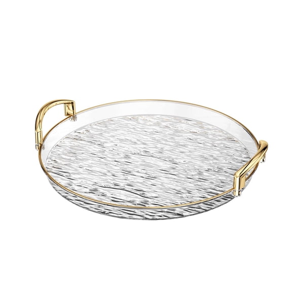 Tuscom Round Plastic Serving Tray with Handles Clear Acrylic Serving Platter for Snacks Food Storage Gold Rim Household Party Table Decor