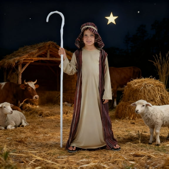 Tuscom Teens Shepherd Costume for Teens, Biblical Christmas Nativity Play Outfit with Headpiece and Robe, Vintage Biblical Tale Theme Party Costume for Teens