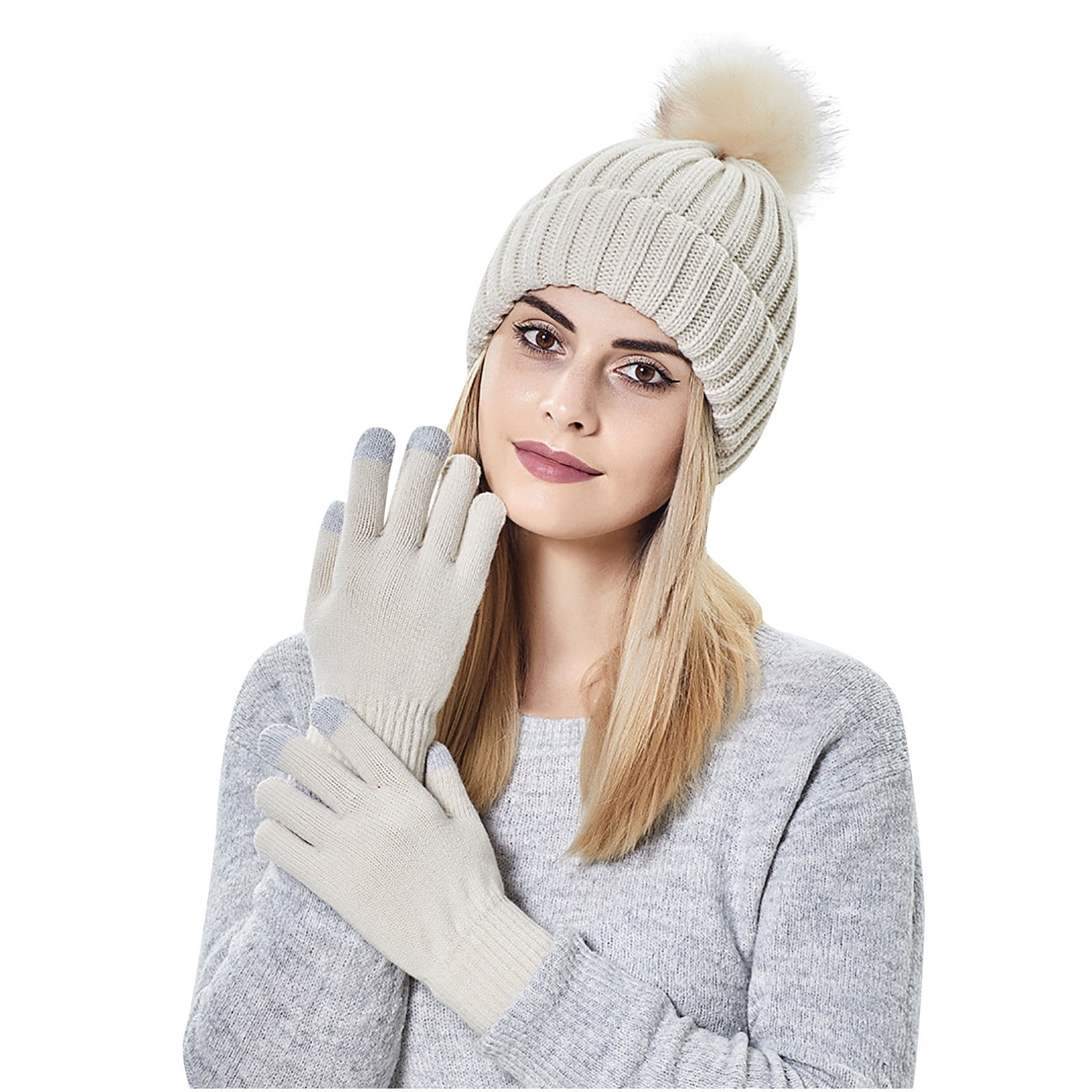 Unisex Solid Color Plus Velvet Knitted Warm Hat And Gloves For