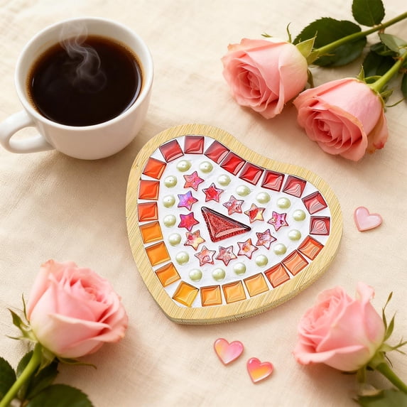 Tuscom Valentine's Day Mosaic Craft Kit for Kids & Adults, DIY Wooden Coaster Making Set, Creative Arts and Crafts Gift for Beginners, Family Fun Activity