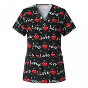 Tuscom Valentine's Print Nurse Uniforms for Women, Breathable Patterned Scrub_Top Short Sleeve V-Neck Plus Size Shirts Tee Tops with Pockets for Couples Gifts