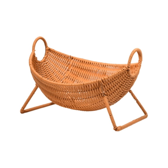 Tuscom Vessel Shaped Woven Plastic Fruit Basket, 11 Inch Boat Style Storage Organizer with Handles, Decorative Display Piece for Kitchen Bathroom Living Room, Gift, Brown