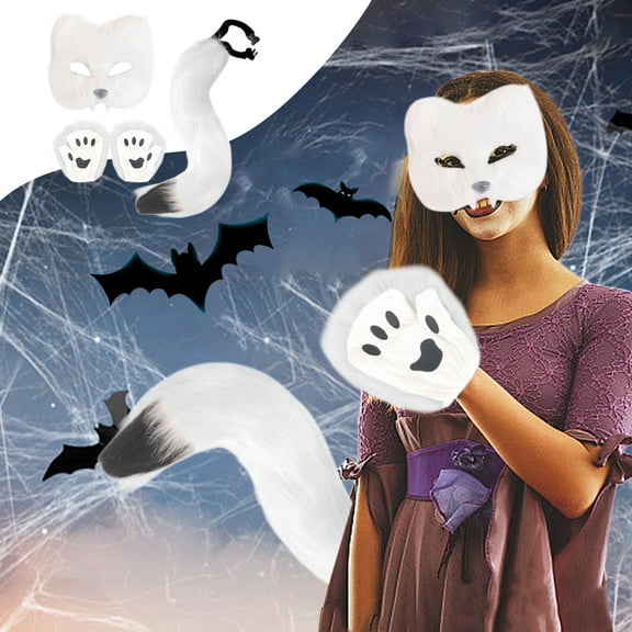 Tuscom Wolf Fox Tail & Ears Costume Set with Faux Fur Gloves – Halloween, Christmas Party Accessories for Adults, Women & Men