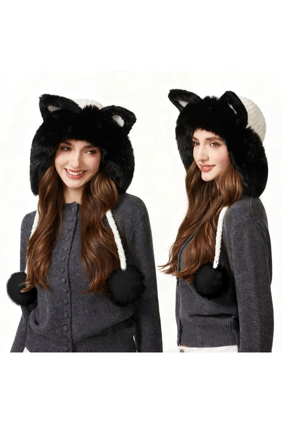 Women's Balaclava Winter Knit Hat with Cat Ears & Pom Pom - Fleece Lined Windproof Face Cover Beanie for Cold Weather, Outdoor Activities, Cozy Warm Knitted Ski Mask