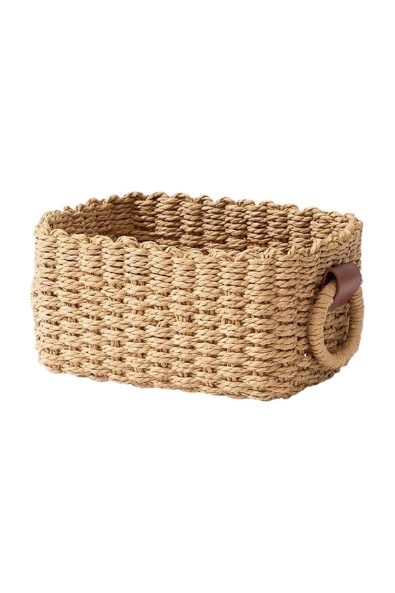 Woven Rope Storage Basket 10x7.5x5.5 Inch Natural Paper Rope Organizer, Decorative Wicker Bin with Handles for Bathroom, Bedroom, Kitchen, Office, Cosmetics, and Toys