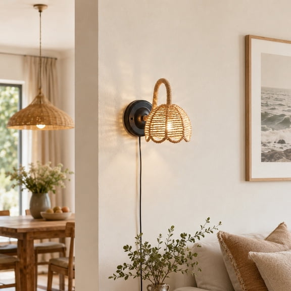 Tuscom Woven Rope Wall Lamp with US Plug, Handmade Macrame Jute Sconce, Boho Indoor Light Fixture for Bedroom Living Room Farmhouse Decor