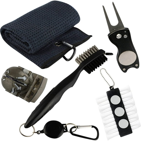 TuseyRxln Golf Accessories Gift Set - Golf Towel, Golf Club Brush with Groove Cleaner, Foldable Divot Repair Tool with Ball Marker, Golf Ball Marker and Golf Tee Holder - Golf