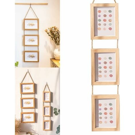 TuseyRxln Photo Frame 3 PCS Photos 12.7 x 17.8 cm Rope Wall Display Siamese Three Planks Collage Family Retro Decorative Country Style Vertical Wood Color