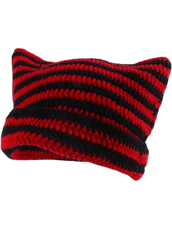 Women Striped Beanie Hat with Little Devil Horn Winter Warm Cap Cute Cat Ears Knitted Hat Fall Black Red