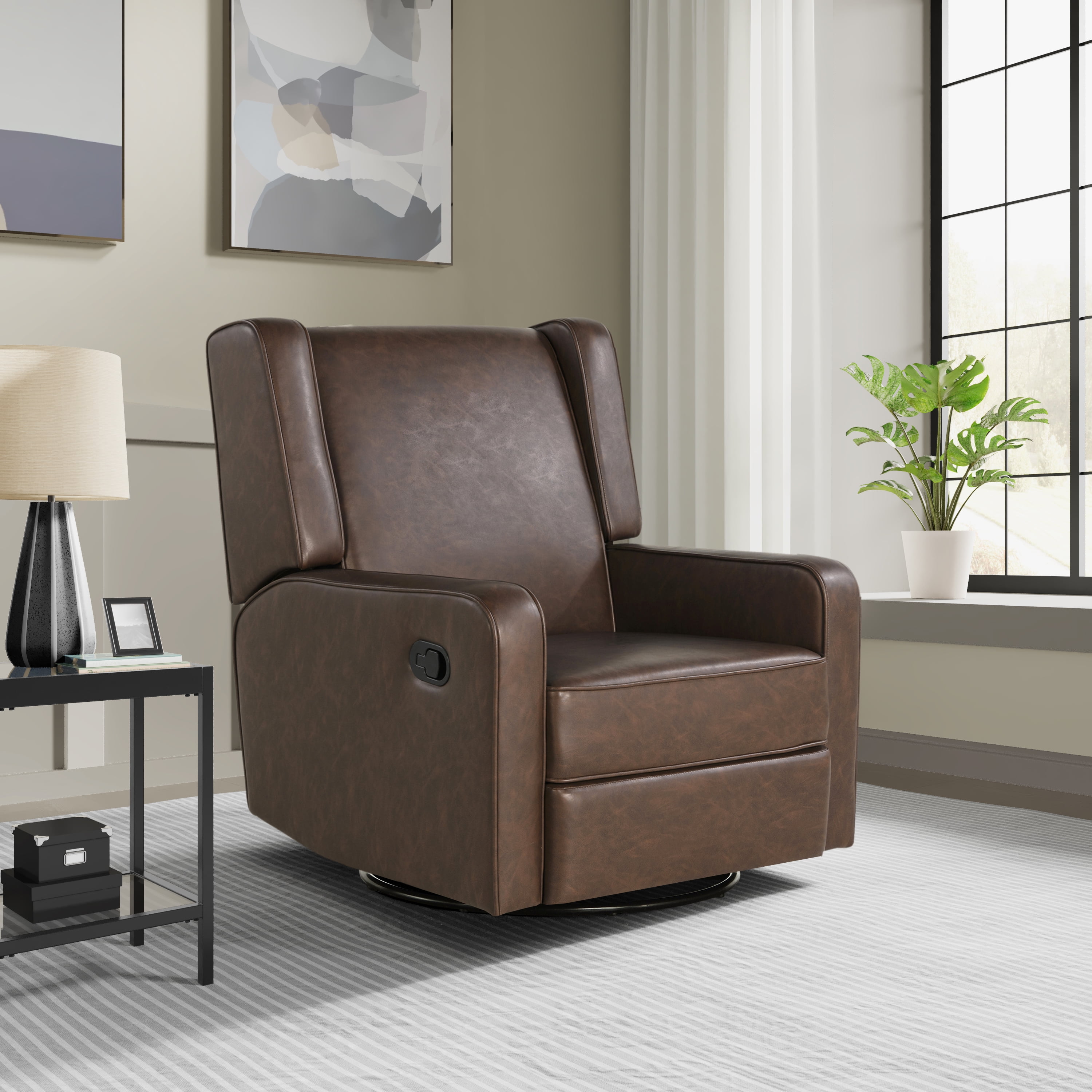 Relax A Lounger Easton Modern Swivel Recliner Brown Faux Leather