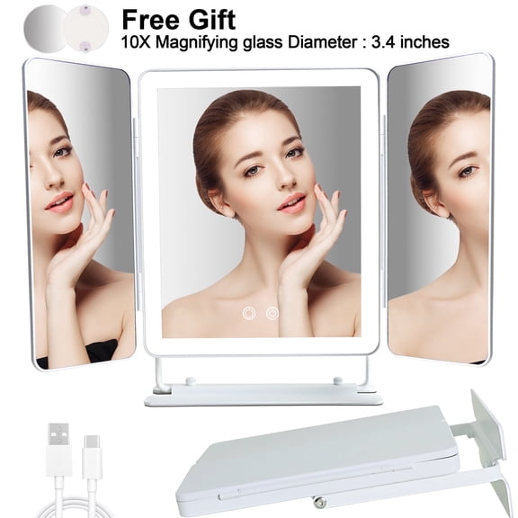 9.8" Hollywood Mirror With Light, 360 Rotating Mirror, Three-color Light Vanity Mirror, Metal Travel Mirror