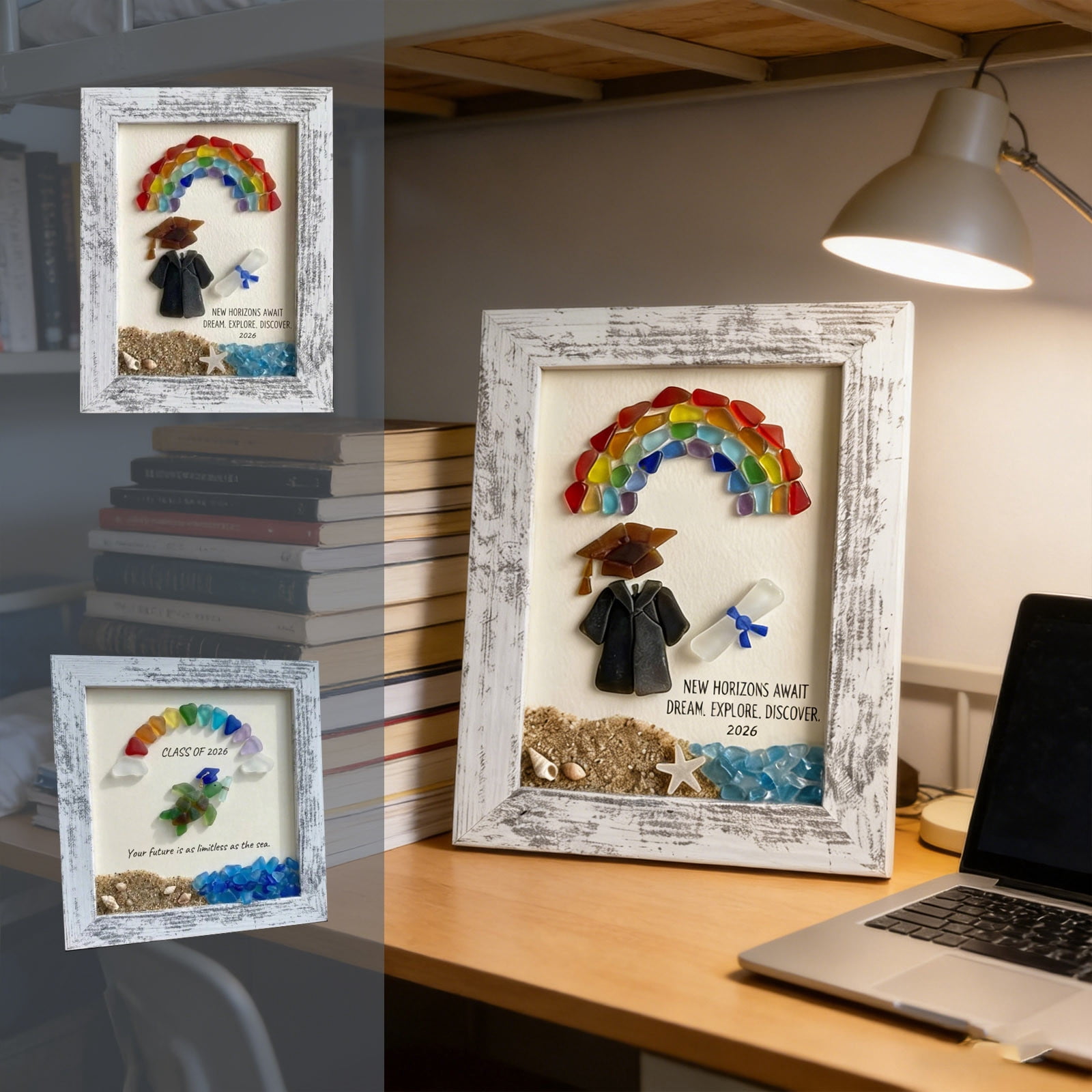 Tusihei 2Pcs Sea Glass Graduation Art, Graduation Keepsake Gift, Graduation Keepsakes Frame with Rainbow Turtle Cap Coastal Decor for Women Men Graduates