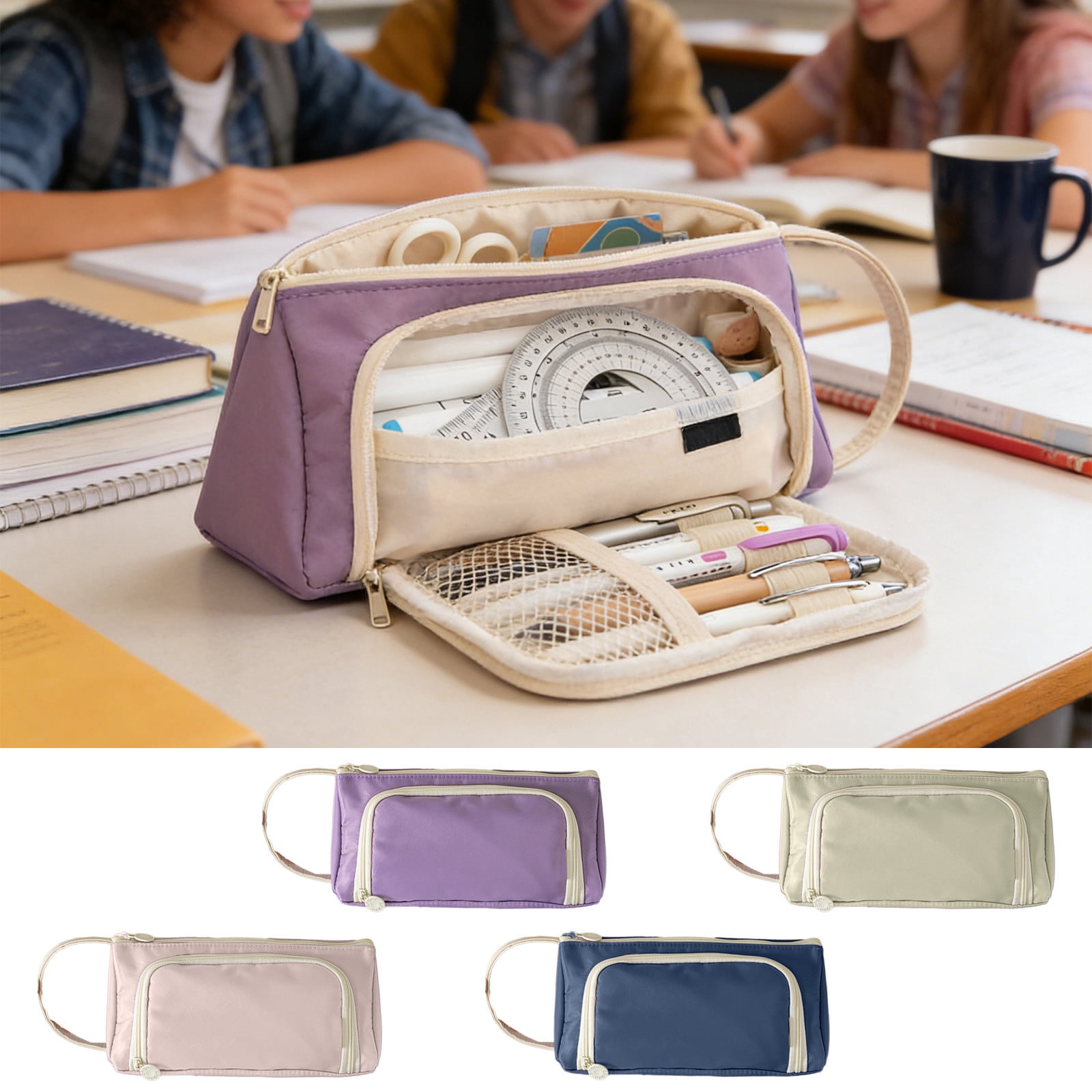 Tusihei 4Pcs Large Capacity Pencil Case, Multi-Layer Portable Pencil Pouch with Sturdy Zipper and Handle, Waterproof Stationery Holder for Office Teen Men Women