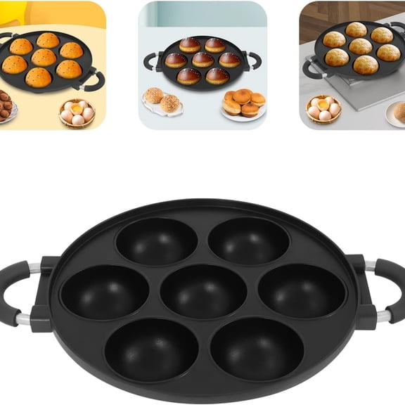 Tusihei 7-Hole Cake Cooking Pan, Cast Iron Non-Stick Omelette Pan Cooking Pot with Lid, Secure Multi-Purpose Kitchen Container for Baking Bread Cake Meatloaf Lasagna Brownies