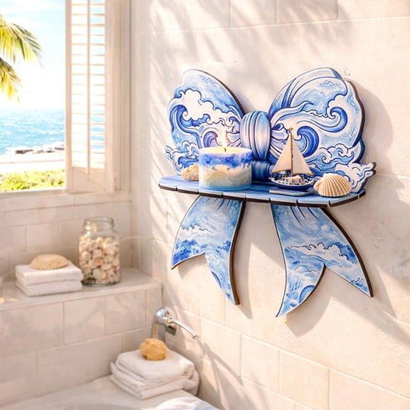 Tusihei Boho Wooden Wall Shelf, Blue Sea Wave Bow Shaped Solid Wall Flowerpot, Multi Functional Storage Rack Handicraft for Living Room Bedroom Home Decoration