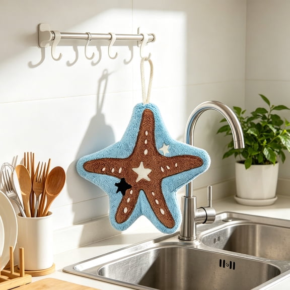 Tusihei Coastal Hanging Hand Towel, Beach Decor Starfish Seashell Decorative Towel, Soft Absorbent Decorative Hand Towel for Bathroom Kitchen