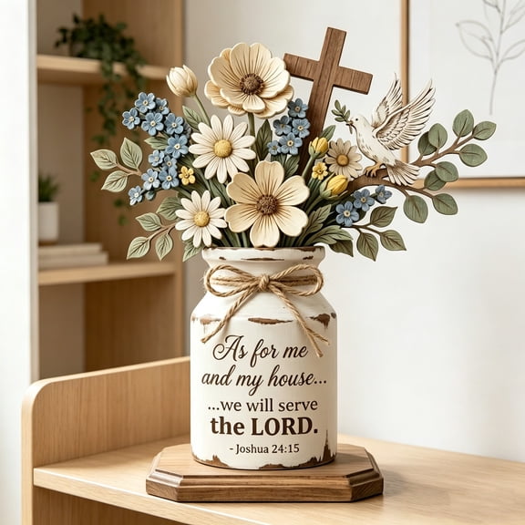 Tusihei Joshua 24:15 Centerpiecel, As for Me and My House Faith Home Decor, Rustic Wooden Floral Table Display Decor with Dove Cross for Living Room, Entryway, Kitchen