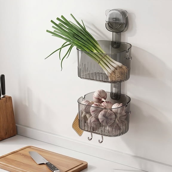 Tusihei Kitchen Storage Rack, Multifunctional Double Layer No-Drill Onions Garlic Ginger Caddy with Hooks, Removable Hanging Storage Basket for Bathroom Kitchen