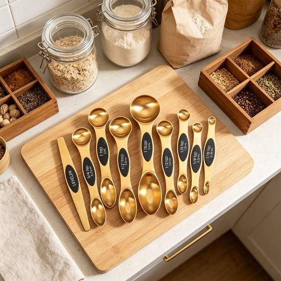 Tusihei Magnetic Measuring Spoons Set, Set Of 9 Double Sided Stainless Steel Gold Measuring Spoons with Leveler, Stackable Teaspoon Tablespoon for Dry Liquid Baking Cooking