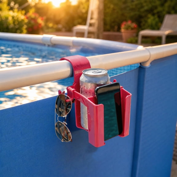 Tusihei Pool Drinks Holder, Clip On Drink Holder with Hooks, Removable Organizer Poolside Accessory for Swimming Pool Rail Backyard, Patio, Beach, Stools