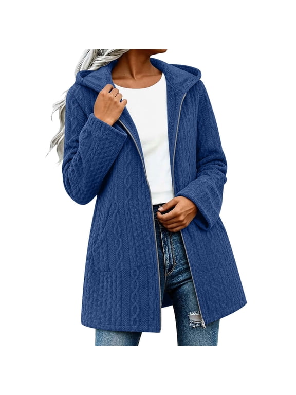 Women Cable Knit Hooded Coat Zip Up Long Sleeve Fleece Sweater Jacket Casual Solid Cozy Winter Outwear Cardigan for Women, Blue M