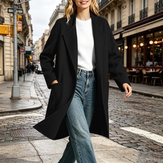 Tusihei Women Collared Long Sleeve Open Front Lightweight Cardigan Casual Long Coatigan Lady Jacket Coat Winter Outerwear, Black S