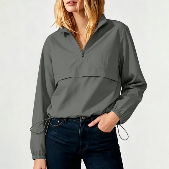 Tusihei Women Collared Long Sleeve Zip Up Drawstring Casual Cropped Jacket Outdoor Tops Loose Fit Pullover Blouse Lightweight Spring Summer Streetwear, Gray S
