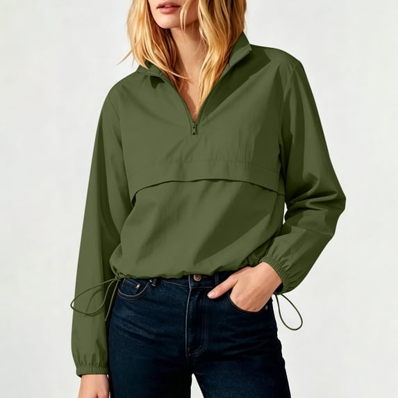 Tusihei Women Collared Long Sleeve Zip Up Drawstring Casual Cropped Jacket Outdoor Tops Loose Fit Pullover Blouse Lightweight Spring Summer Streetwear, Green XL