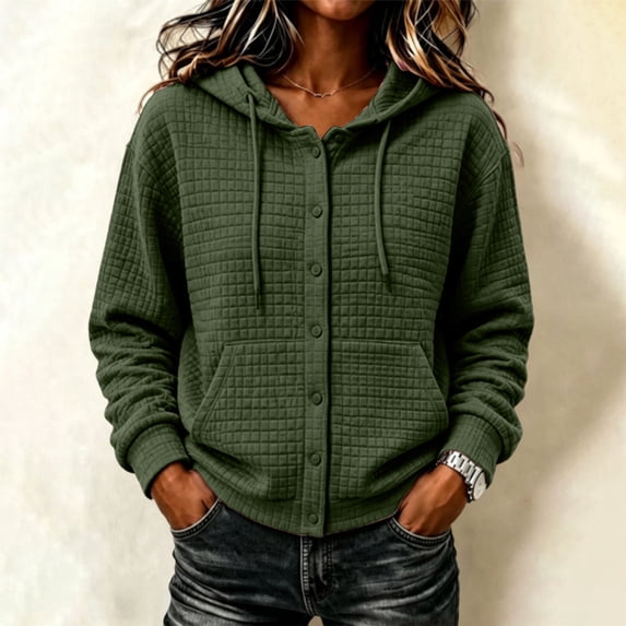Tusihei Women Fall Winter Hooded Fleece Shacket Button Down Casual Cardigan Pullover Solid Warm Loose Coat Jacket for Women Outdoor Lounge, Army Green 2XL