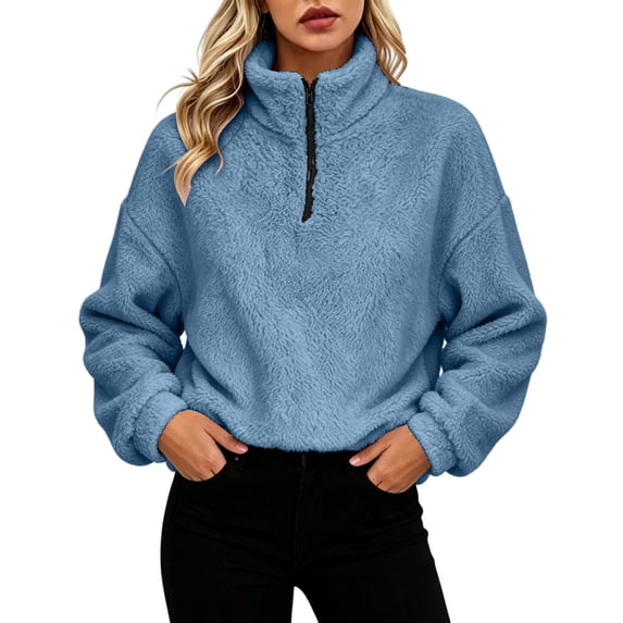 Tusihei Women Half Zip Pullover Stand Collar Long Sleeve Fuzzy Sweatshirt Cozy Winter Outerwear, Light Blue 2XL