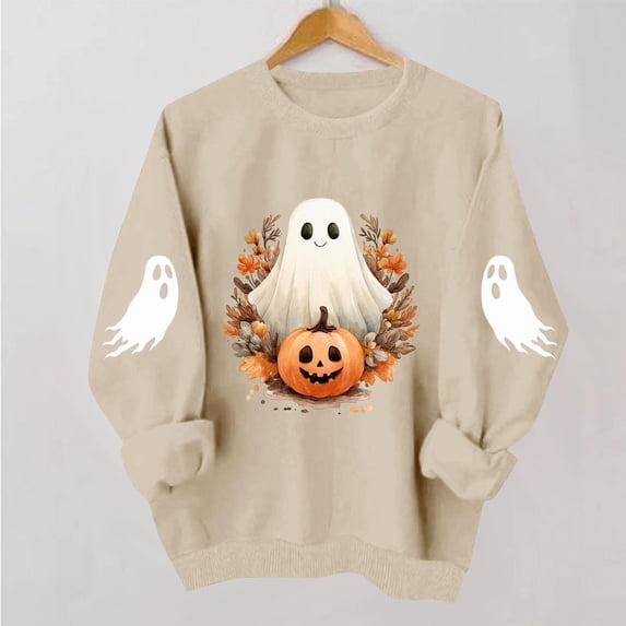 Tusihei Women Halloween Long Sleeve Cute Graphic Casual Pullover Tops Sweater Fall Winter Outfits, Beige M