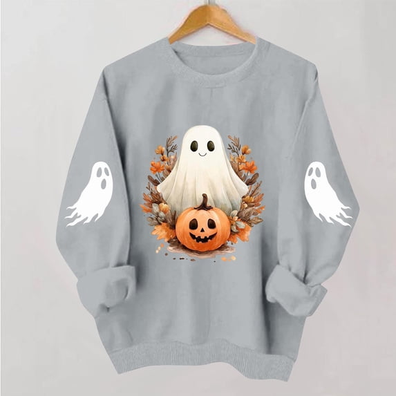 Tusihei Women Halloween Long Sleeve Cute Graphic Casual Pullover Tops Sweater Fall Winter Outfits, Gray S