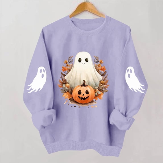 Tusihei Women Halloween Long Sleeve Cute Graphic Casual Pullover Tops Sweater Fall Winter Outfits, Purple M