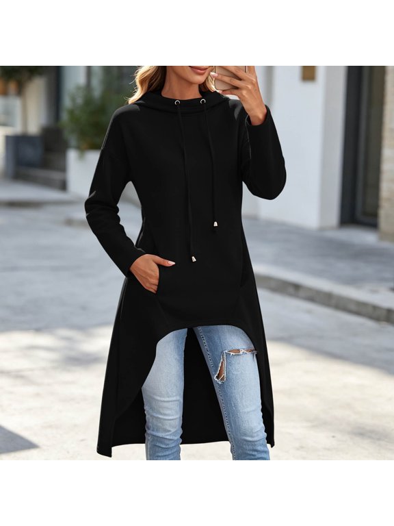 Women Hooded Asymmetric Curved Hem Drop Shoulder Pullover Tops Fall Winter Casual Loose Fit Long Sleeve Oversized Sweatshirt Cozy Outerwear, Black 2XL