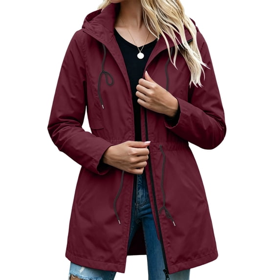 Tusihei Women Hooded Jacket Drawstring Coat Zip Up Solid Outwear Windbreaker Mid Length Anorak Outfits, Wine L