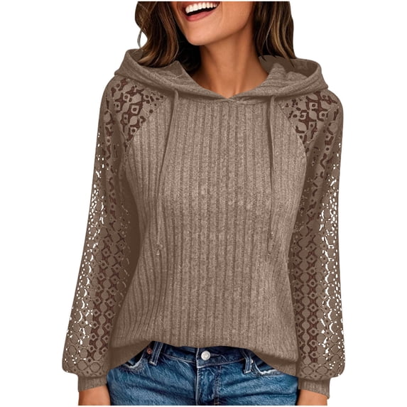 Tusihei Women Hooded Lace Knitted Long Sleeve Pullover Sweater Drawstring Lightweight Casual Tunic Tops Fall Spring Fashion Pullovers Blouses, Brown XL