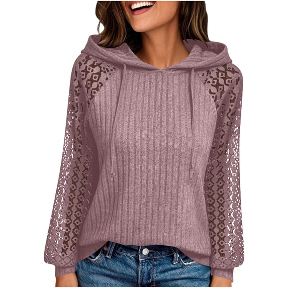 Tusihei Women Hooded Lace Knitted Long Sleeve Pullover Sweater Drawstring Lightweight Casual Tunic Tops Fall Spring Fashion Pullovers Blouses, Purple S