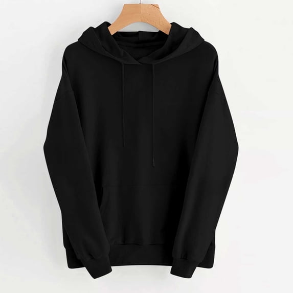 Tusihei Women Hooded Pullover Sweatshirt Casual Loose Fit Long Sleeve Solid Cozy Fall Winter Tops Lightweight Streetwear Outerwear, Black M