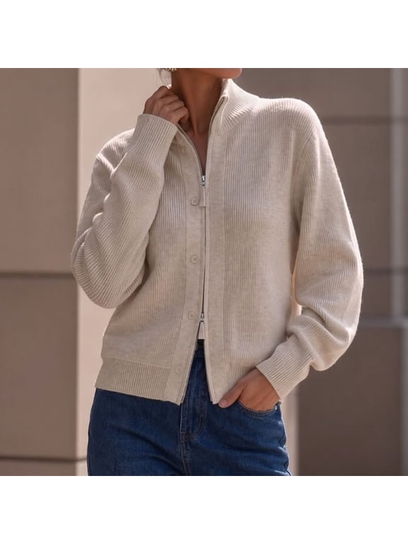 Women Knit Zipper Up Cardigan Stand Collar Long Sleeve Sweater Jacket Daily Autumn Outerwear, Beige M
