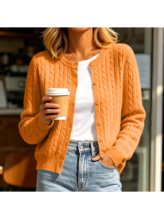 Women Long Sleeve Button Down Cardigan Open Front Cable Knitted Layer Blouses Lightweight Soft Coat Fall Winter Sweater Outerwear, Orange M