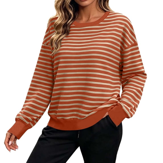 Tusihei Women Long Sleeve Crewneck Oversized Striped Sweater Casual Loose Fit Pullover Tops Comfortable Fashion Shirts for Women Daily Wear, Orange 2XL