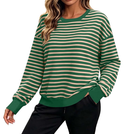 Tusihei Women Long Sleeve Crewneck Oversized Striped Sweater Casual Loose Fit Pullover Tops Comfortable Fashion Shirts for Women Daily Wear, Green XL