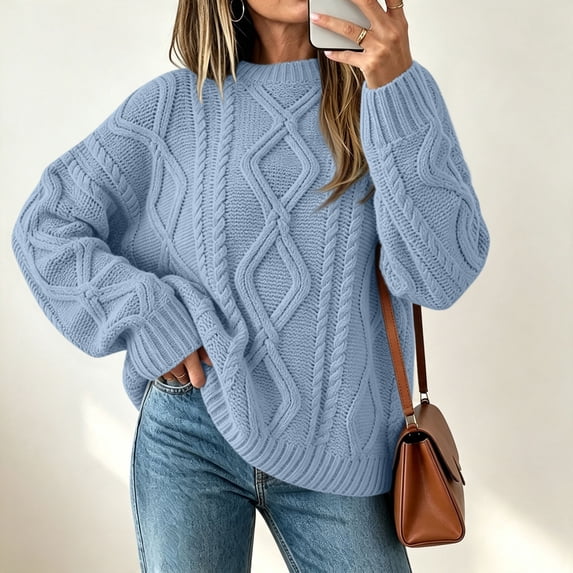 Tusihei Women Oversized Cable Knit Sweater Long Sleeve Chunky Pullover Tops Casual Fall Winter Cozy Knitwear Loose Fit Sweaters for Women, Light Blue L