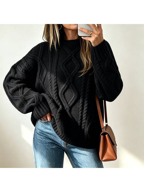 Women Oversized Cable Knit Sweater Long Sleeve Chunky Pullover Tops Casual Fall Winter Cozy Knitwear Loose Fit Sweaters for Women, Black XL