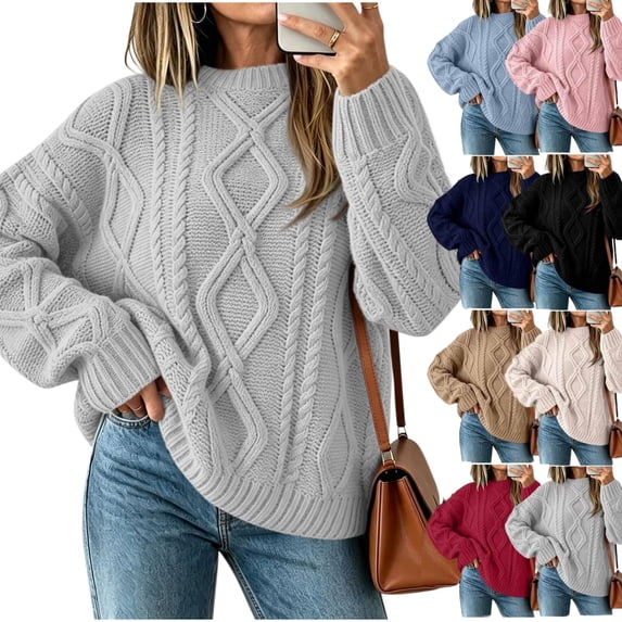 Tusihei Women Oversized Cable Knit Sweater Long Sleeve Chunky Pullover Tops Casual Fall Winter Cozy Knitwear Loose Fit Sweaters for Women, Gray 2XL