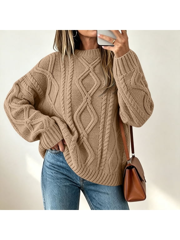 Women Oversized Cable Knit Sweater Long Sleeve Chunky Pullover Tops Casual Fall Winter Cozy Knitwear Loose Fit Sweaters for Women, Khaki S
