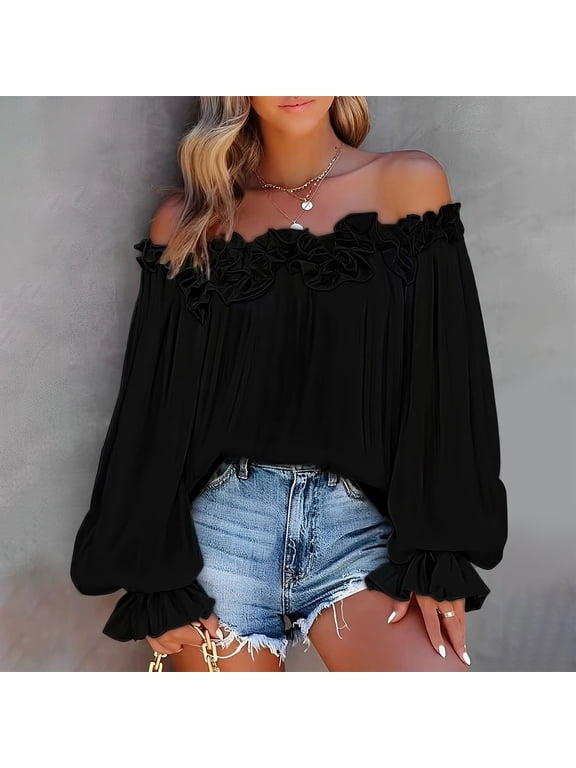 Women Summer Off Shoulder Ruffle Trim Puff Long Sleeve Blouse Casual Loose Flowy Shirts Pullover Tops Beach Vacation Tee, Black S