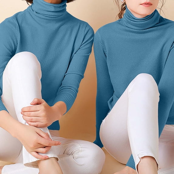 Tusihei Women Turtleneck Ribbed Knit Sweater Pullover Casual Slim Fit Solid Soft Long Sleeve Cozy Layer Top Winter Fall Basic Tee, Blue M